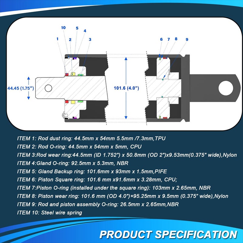 mooncar Hydraulic Log Splitter Cylinder Rebuild Seal Kit Suitable for 4.0" Bore x 1.75" Rod Cylinder - Image 4